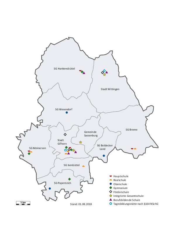 Das Bild zeigt eine Karte des Landkreises Gifhorn mit den Schulstandorten des Sekundarbereiches I.